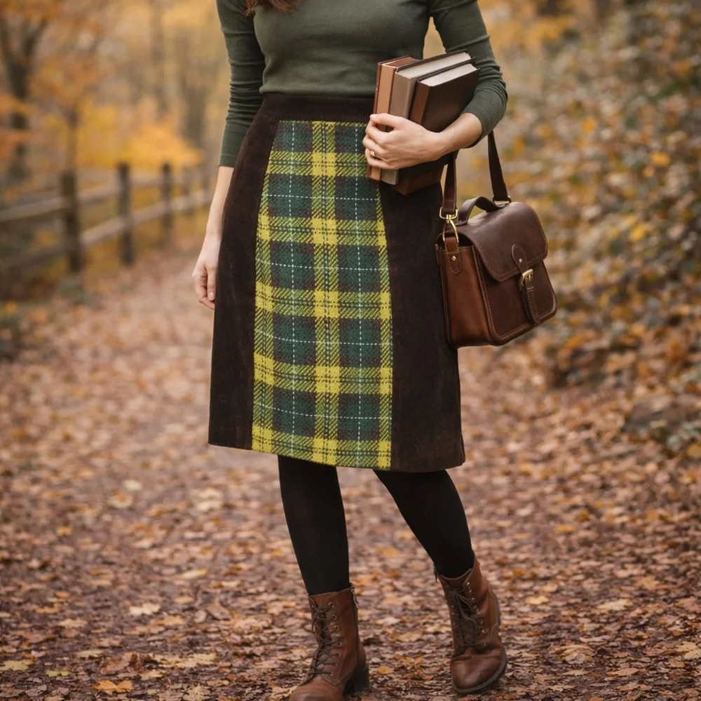 Anthropologie Maeve Brown Corduroy Skirt Green Plaid Wool Panel Size 4